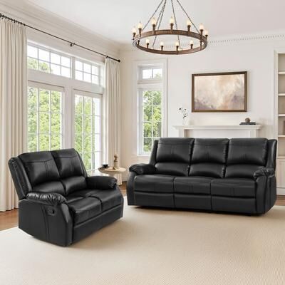 Velocisca Modern Manual Recliner Chair, 2-Piece Faux Leather Reclining Sofa Set For Living Room, Black / Saddle Brown / Brown Double Color