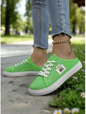LightInthebox Women's Green Canvas Slip-On Sneakers with Lace-Up Design – Comfortable Backless Trainers, Ideal for Walking, Shopping, School Runs Casual Summer Days