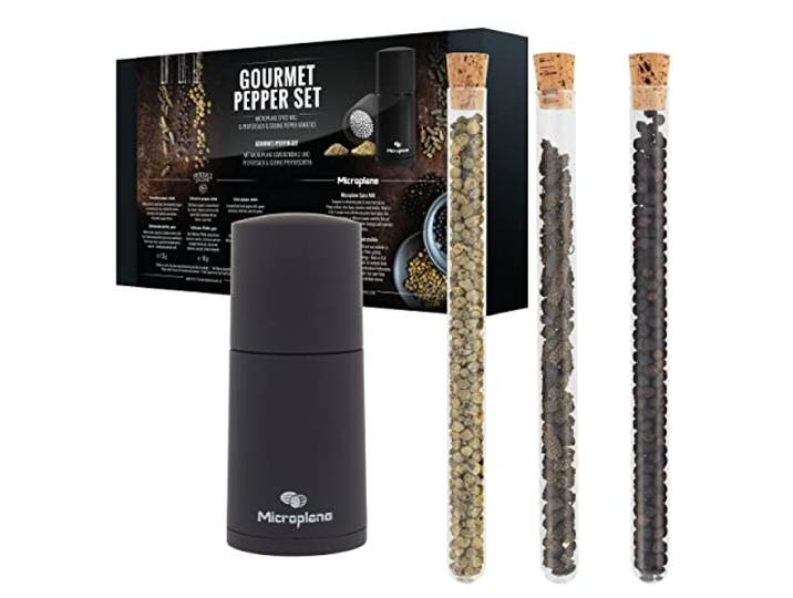 Microplane Gewürzmühle im Set mit Tellicherry Pfeffer, Grüner Pfeffer & Schokoladenpfeffer