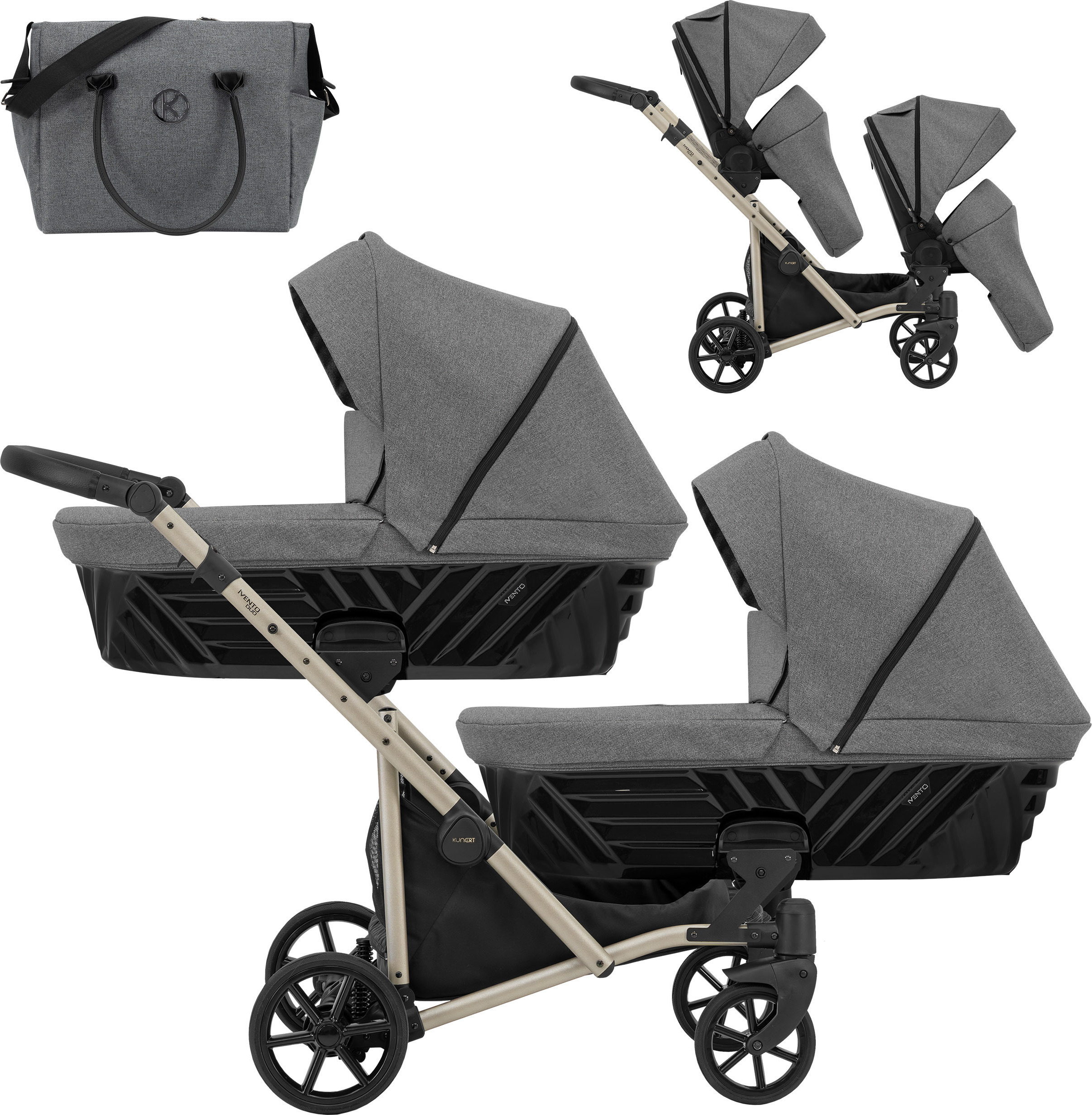 Kunert Ivento Duo 2in1 Zwillingswagen - Champagnerfarbene Rahmen - Farbe: Tiefes Graphit
