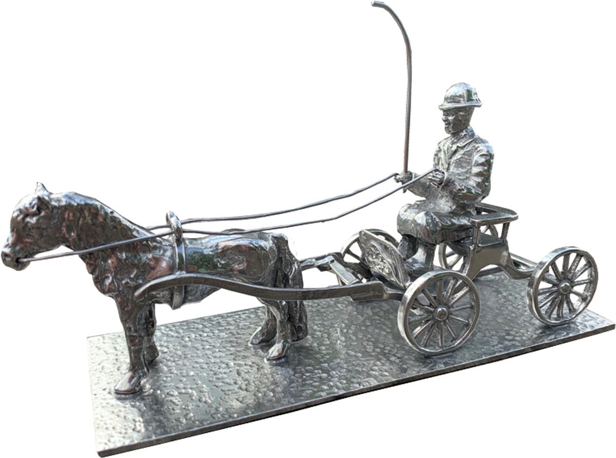 Tinnen Menner Miniatuur Handgemaakt Paard en Wagen Beeldje voor Volwassenen