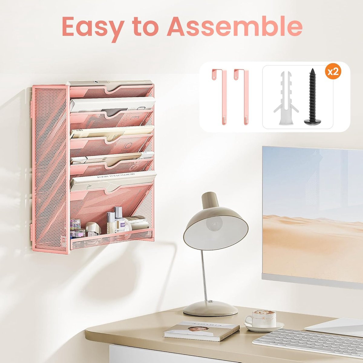 VITVITI File Organizer 6-Tier A4 Wandgemonteerde Tijdschriftenhouder - Roze Documentorganisator voor Kantoor en Thuis