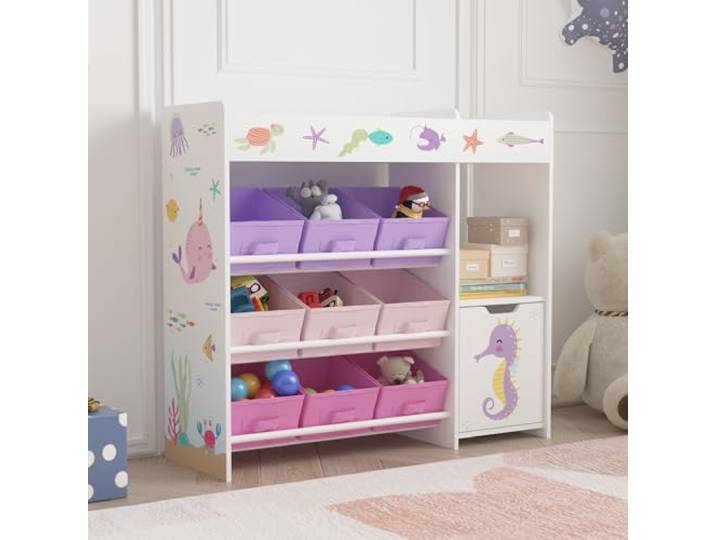 [en.casa] Kinderregal Søndreland Bücherregal für Kinder mit 9 Aufbewahrungsboxen Spielzeugregal mit Schrank 80 x 90 x 30 cm Spielzeug Aufbewahrung Ozean Motiv
