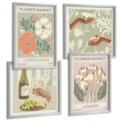 BILDER SET 4er Set - 50x50 cm & 40x60 cm Silberner Rahmen - Blumenposter Weinstadt