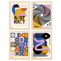 POSTER Set mit 4 Abstrakte Kubismus Formen A3 Rahmen aus hellem Holz