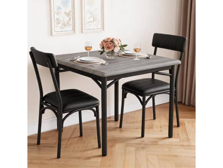 Zstar Stabiles 3-teiliges Esszimmer Set für 2 Personen – Quadratischer Esstisch mit 2 gepolsterten Stühlen – Platzsparendes Küchenmöbel Set für kleine Räume, Apartment oder Studio – Zementgrau