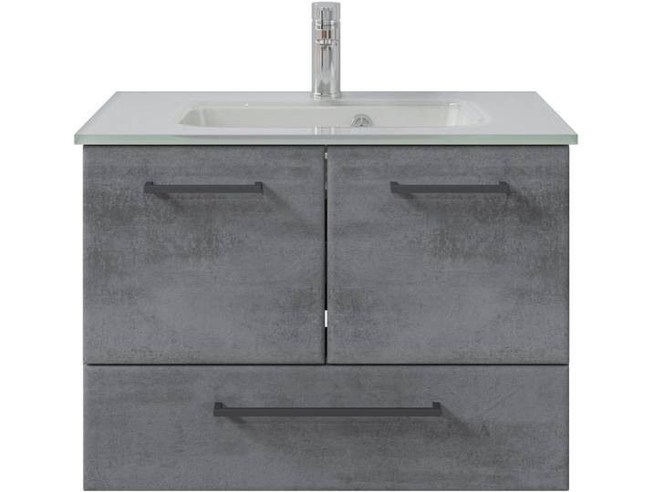 Badmöbel-Set SAPHIR Quickset 945 Glas-Waschtisch mit Unterschrank, 74 cm breit, Waschplatz , grau (oxid dunkelgrau quer), Kastenmöbel-Sets, Badmöbel-Set, 2 Türen, 1 Schublade, inkl. Türdämpfer, Waschtisch Set mit Waschbecken