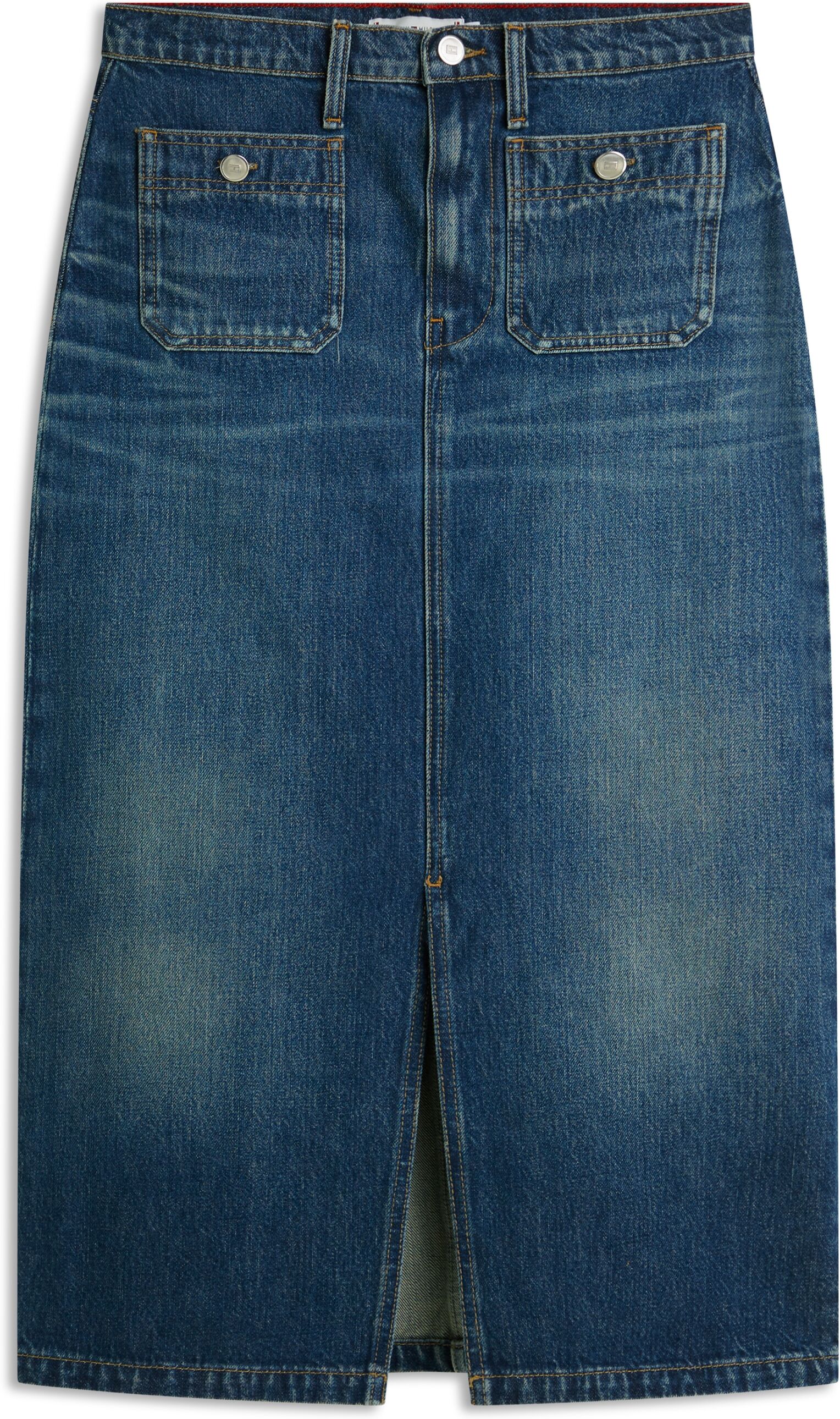 Jeansrock TOMMY HILFIGER "DNM NATE MIDI STRAIGHT SKIRT HW", Damen, Gr. 36, blau (nate), Denim/Jeans, Obermaterial: 100% Baumwolle, unifarben, straight fit wadenlang, Röcke Jeansrock, mit hohem Bund nate 36