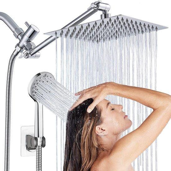 Modern vierkante regendoucheset in chroom en zilver met overhead shower en handdouche, wandmontage, roestvrij staal, Breedte: 20,32 cm, Diepte: 20,32 cm