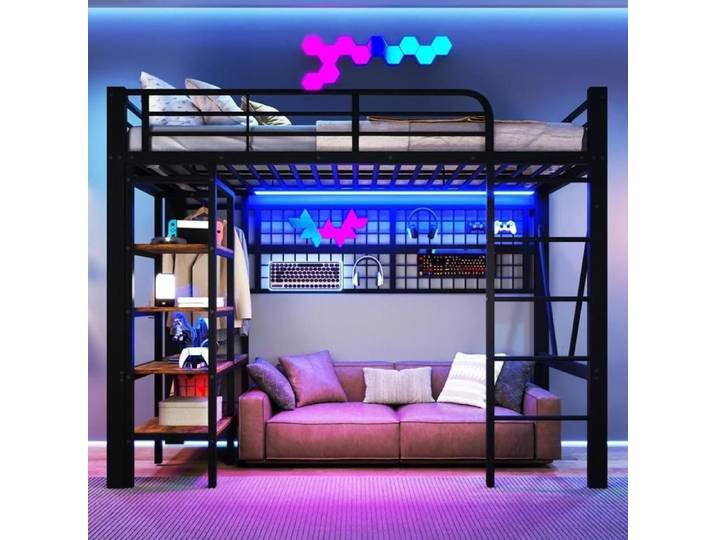 Lit mezzanine - KOMHTOM - Lit mezzanine 90x200cm - LED intégrée - Tringle vêtements - Filet et étagère