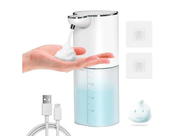 Seifenspender Wandmontage 400ml mit 4 einstellbaren Stufen und USB-Aufladung, Weiß, Kunststoff, 7.8x7.8x17.5 cm, Badaccessoires, Seifenspender