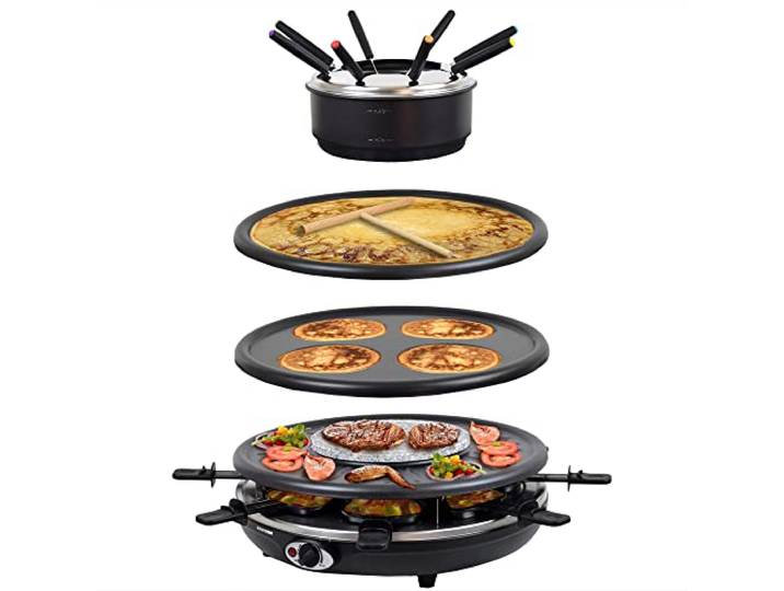 Syntrox Germany 4in1 Raclette mit Fondue für 8 Personen, Tischgrill mit heißem Stein, Pancake- und Crepesplatte, 8 Pfännchen, 1350 W, antihaftbeschichtet, schwarz