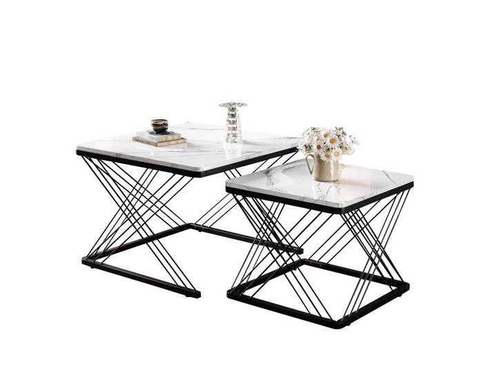 Redom Couchtisch-Set, MDF mit hochglänzender Marmoroptik, 60/60/45 + 45/45/40 cm, weiß und Schwarz, 60x45x60 cm, Wohnzimmer, Wohnzimmertische, Couchtische