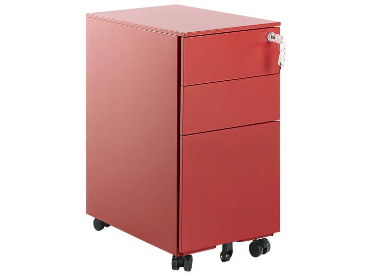 Beliani Aktenschrank rot Bolsena, Rot, Metall, 3 Schubladen, 30x60x50 cm, Büromöbel, Schreibtischcontainer, Rollcontainer