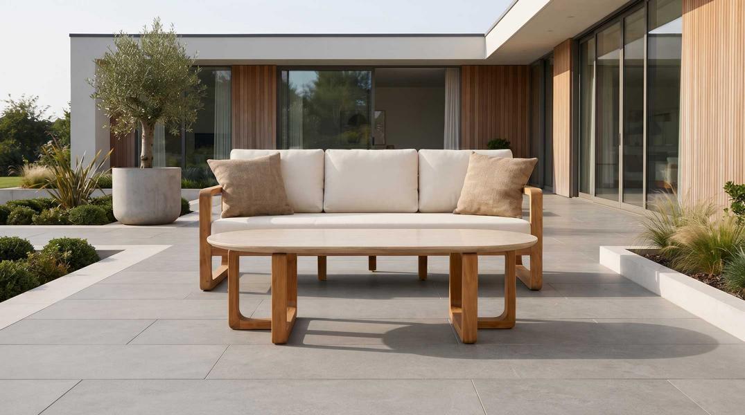 Modernes 3-Sitzer Gartensofa Beige mit Couchtisch Terrasse