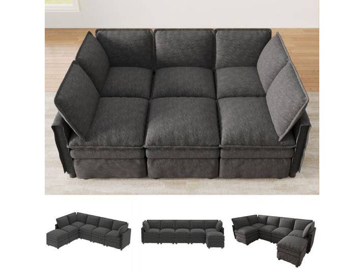Canapé Panoramique XXL Gris 7 Places en Tissu Chenille Canapé Modulable Forme U avec Pouf - Norevia
