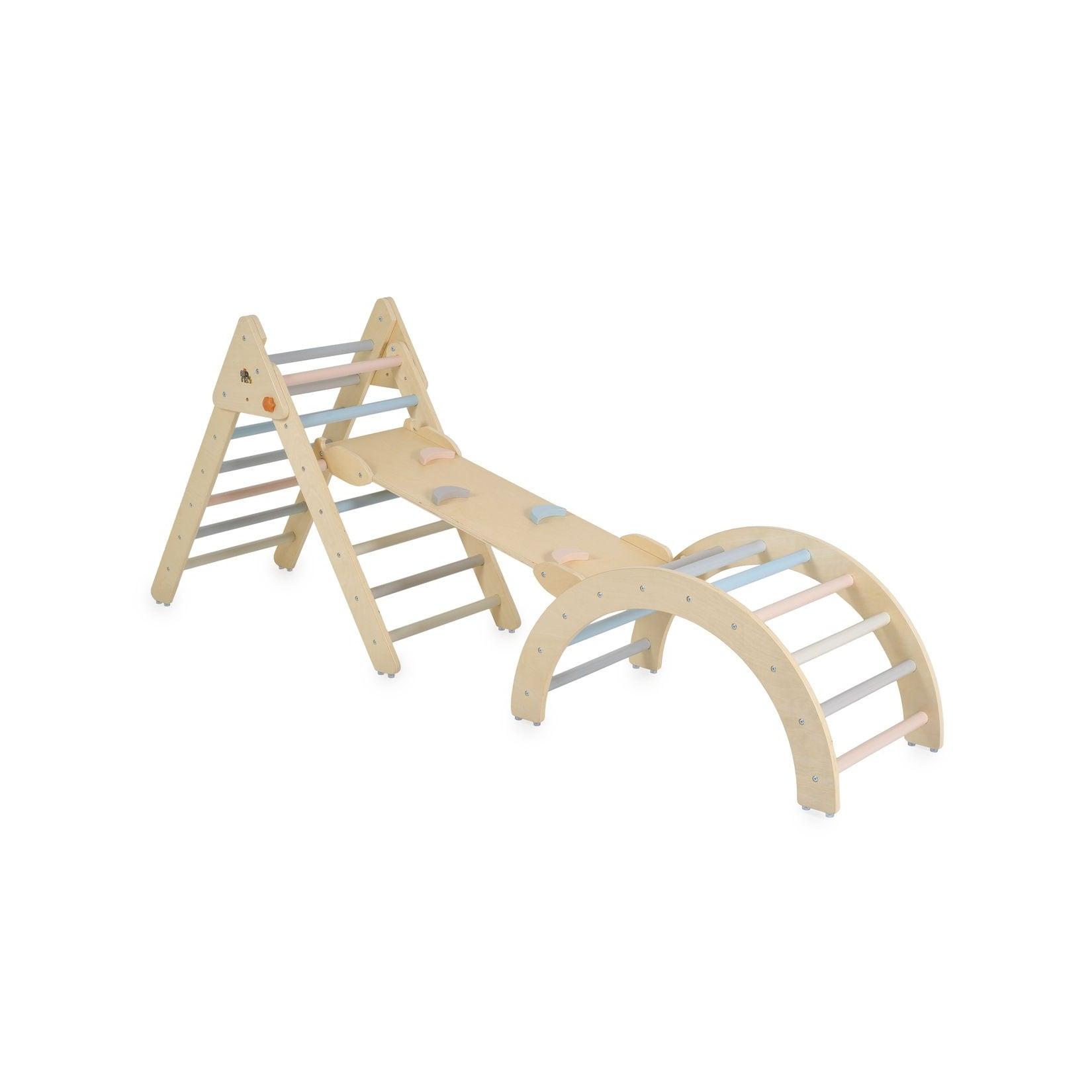 Moni Spielgerät Triangel 3 in 1 Holz Rutsche Kletterrampe Kletterwand Motorik braun