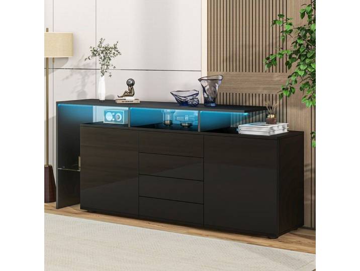 Commode sale Armoire de télévision Noir Meubles de salon en noir haute brillance Sideboard avec LED Armoire de salon