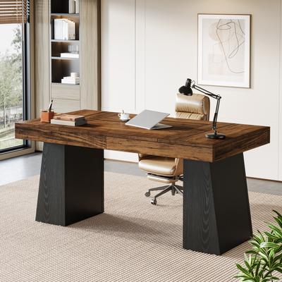 Bluebell 55-Inch Home Office Desk, Thick Wood Computer Executive Desk with Double Pedestal, Modern Minimalist Style