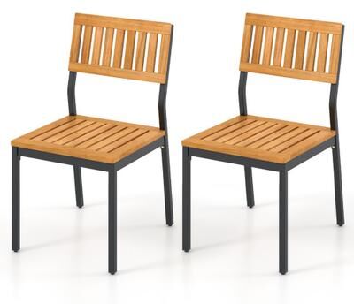 Costway Patio Dining Chair Set of 2 with Metal and Acacia Wood Frame