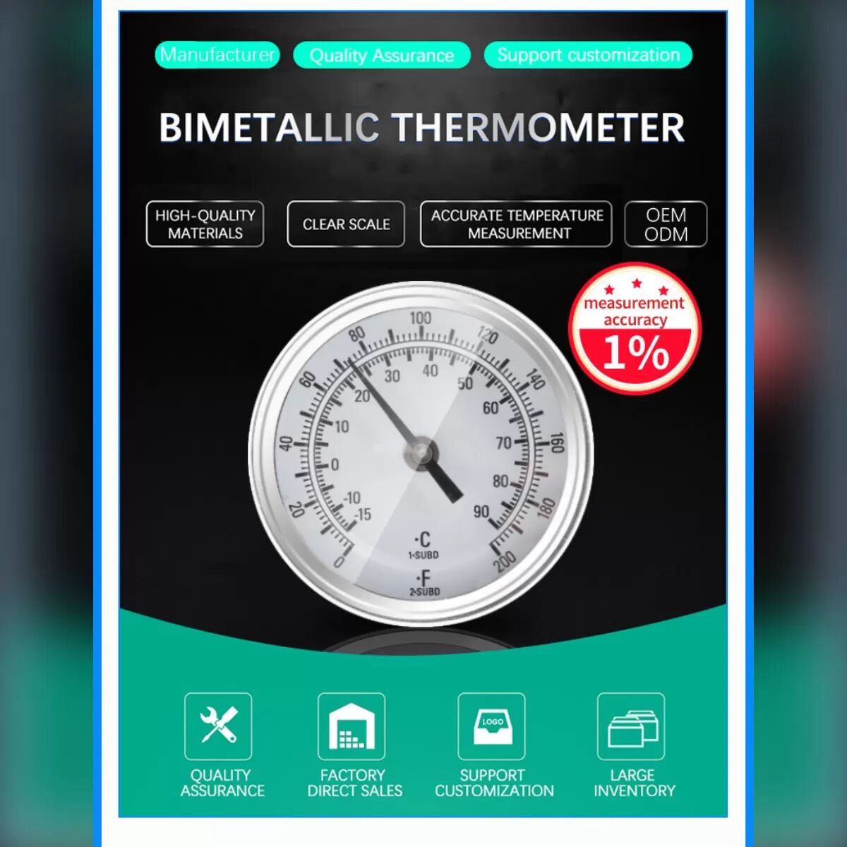 INF Thermomètre bimétallique - Thermomètre analogique en acier inoxydable pour four, gril, barbecue, fumoir et chaudière