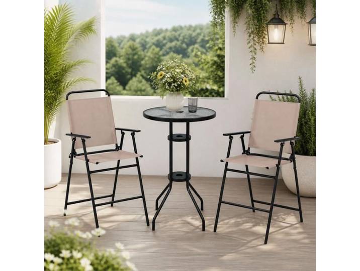 Ensemble bistro extérieur - PAGE LIVING - 3 pièces - Plateau verre trempé - Trou parasol - Chaises pliantes sécurisées
