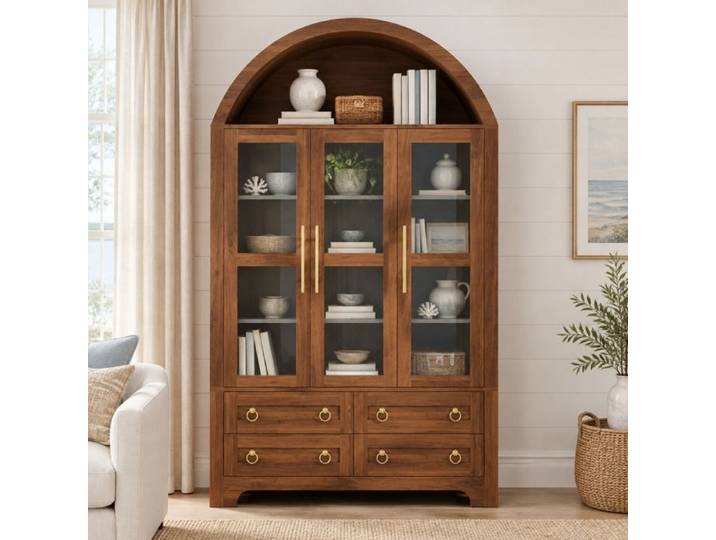 VUENOR Buffet vitrine noyer 110 x 40 x 185 cm – 3 portes vitrées 4 tiroirs et niche ouverte en arche