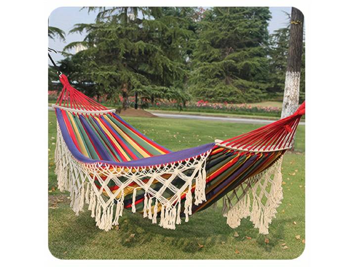 Hamac double de style bohème avec pompons, tissu en toile, cordes épaissies et sac de transport, capacité de charge maximale pour jardin extérieur