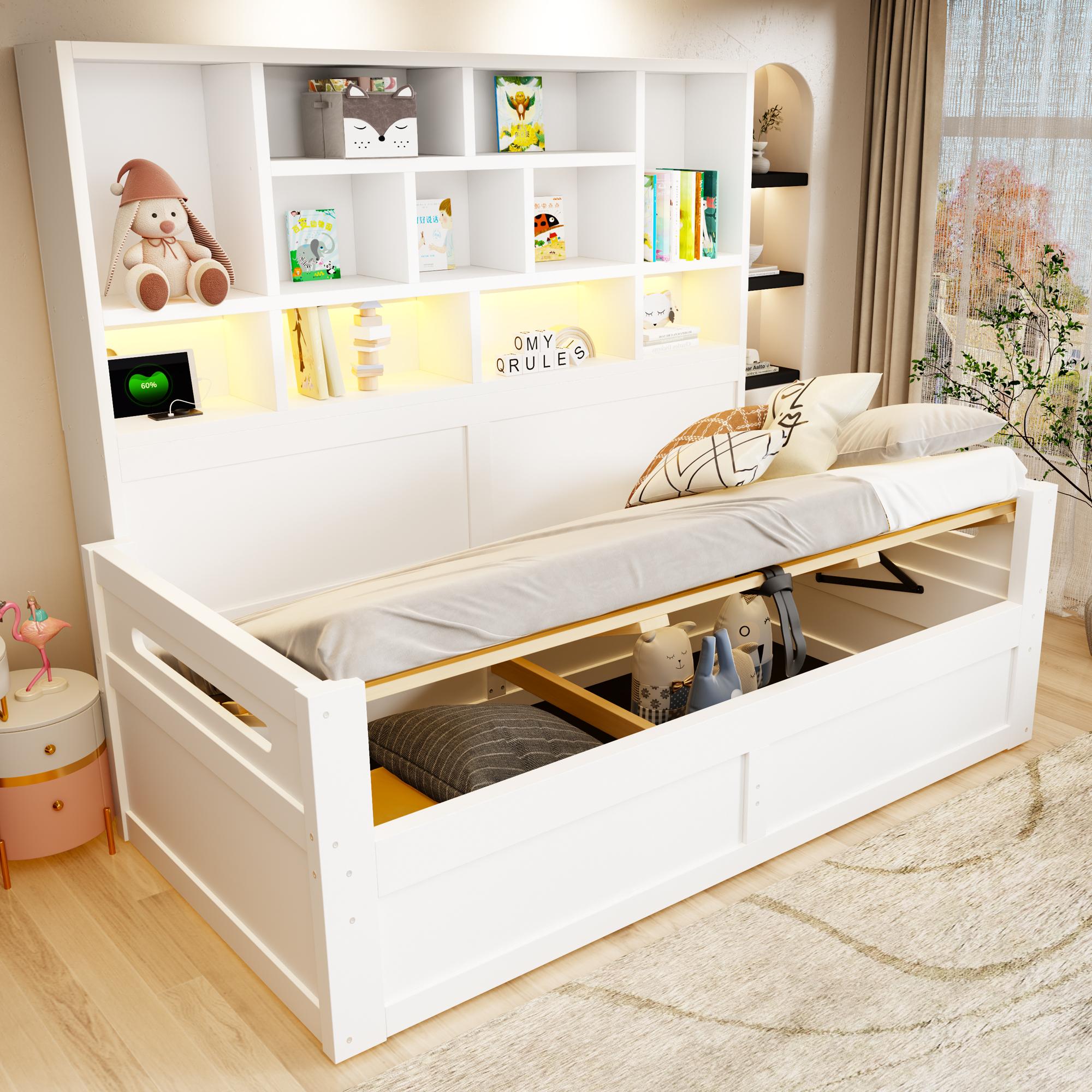 Stauraumbett 90x200cm aus MDF in Weiß, schlichtes Design mit hydraulischem Bettkasten und LED-Beleuchtung für Schlafzimmer und Jugendzimmer