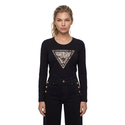 Langarmshirt GUESS "LS CN SAVANNA LEOPARD TRIANGLE", Damen, Gr. L, jet schwarz a996, Single Jersey, Obermaterial: 95% Baumwolle, 5% Elasthan, bedruckt, slim fit hüftlang, Rundhals, abgesteppte Kante, Shirts Langarmshirt, mit markantem Logodesign,...
