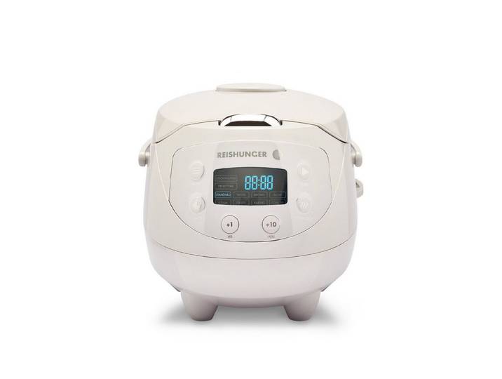 Reishunger Reiskocher Digital Mini – 0,6 L – Multikocher – 8 Programme – Keramikbeschichtung, 350 W, Dämpfeinsatz, Messbecher, Reislöffel, Timer- und Warmhaltefunktion