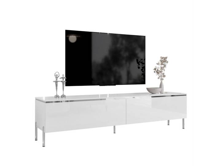Lookway Tv-Schrank Aurora Silver 180 cm – gerade Chrombeine, Weiß Hochglanz, 180x49.5x40 cm, Wohnzimmer, TV Möbel, Lowboards, Lowboards stehend