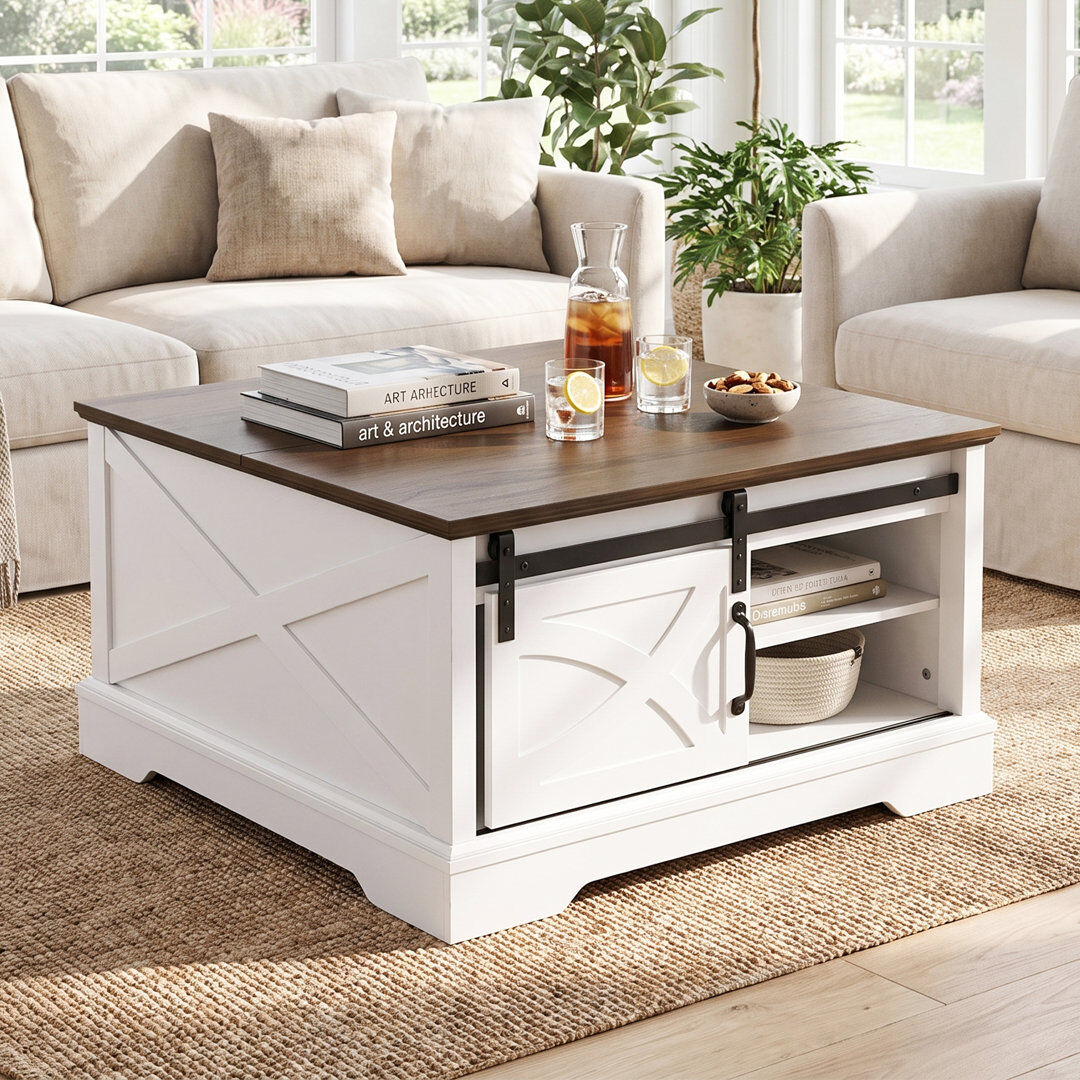 Parrot Uncle Rustic Sliding Door Storage Cabinet, White or Black, 80x80x45cm, Metal & Wood White Coffee Table 45cm H X 80cm W X 80cm D