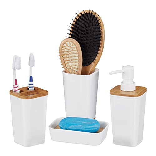 Relaxdays Badkameraccessoires set 4-delig met tandenpoetsbeker, zeepschaal en zeeppompje, bamboe en kunststof, wit/bruin