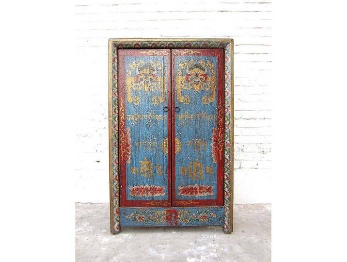 Luxury-Park-Direct Kommode Kleine Kommode Schrank blau-rot vintage style Vollholz aus Tibet.Luxur