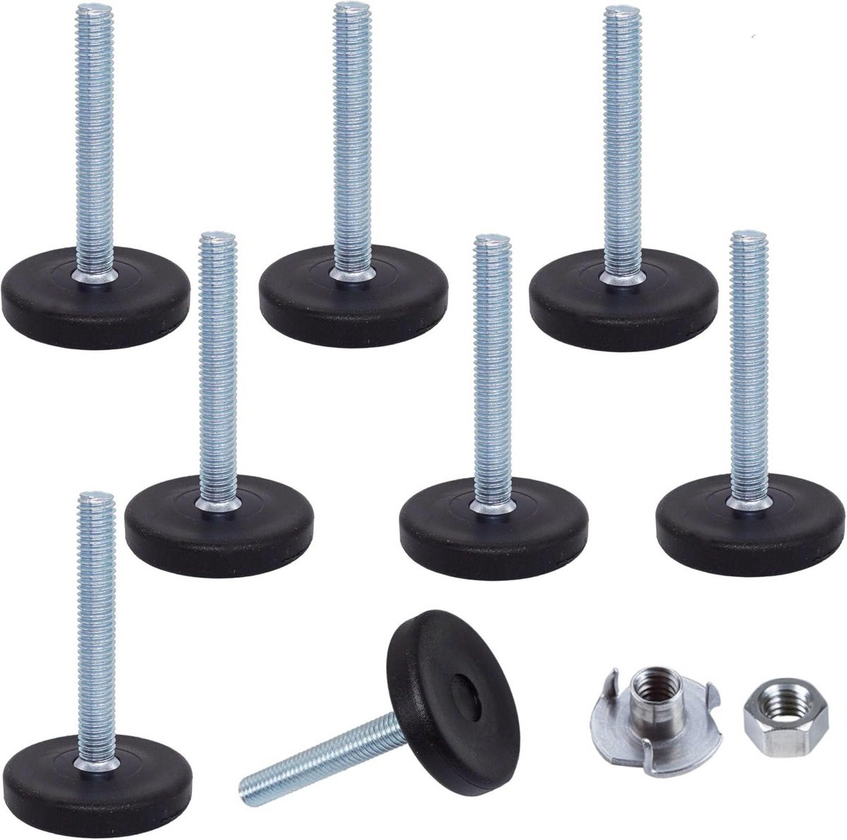 8x Verstelbare Meubelpoten M6 x 40mm - Ronde Nivelleerdopjes Inclusief Moeren