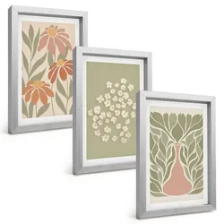 BILDER SET 3er Set - 20x30 cm Silberner Rahmen - Florale Boho-Muster