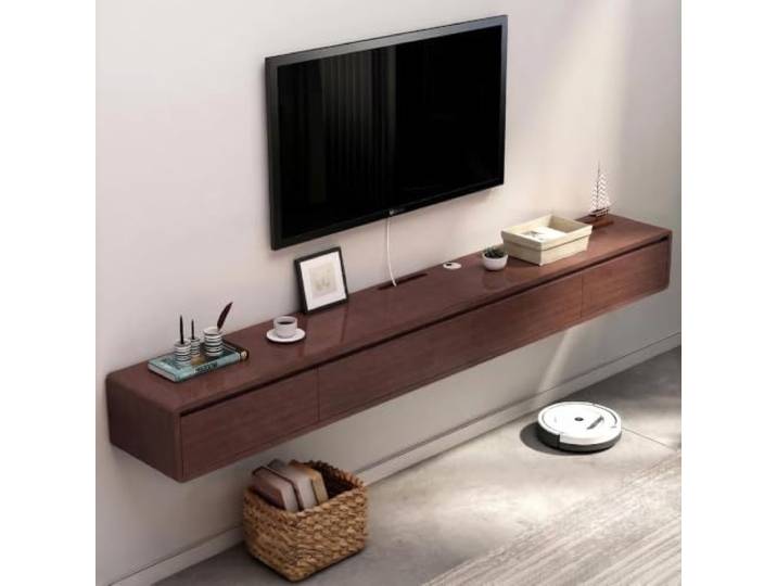 DMYKVJG TV Schrank Hängend Komplett Montiert, TV Board Aus Massivholz Schwebender Fernsehschrank, Medienkonsole Mit Kabellöchern, Hochklappbare Schubladentür(Brown,55.1 /140cm)