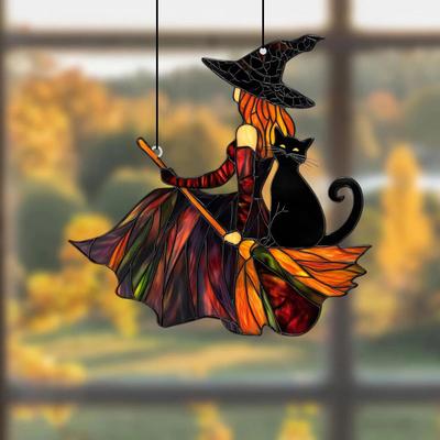 Uplifted Finds Gothic Acrylic Witch & Black Cat Suncatcher Hanging Halloween Window Ornament Gothic Acrylic Witch & Black Cat Suncatcher Hanging Halloween Window Ornament