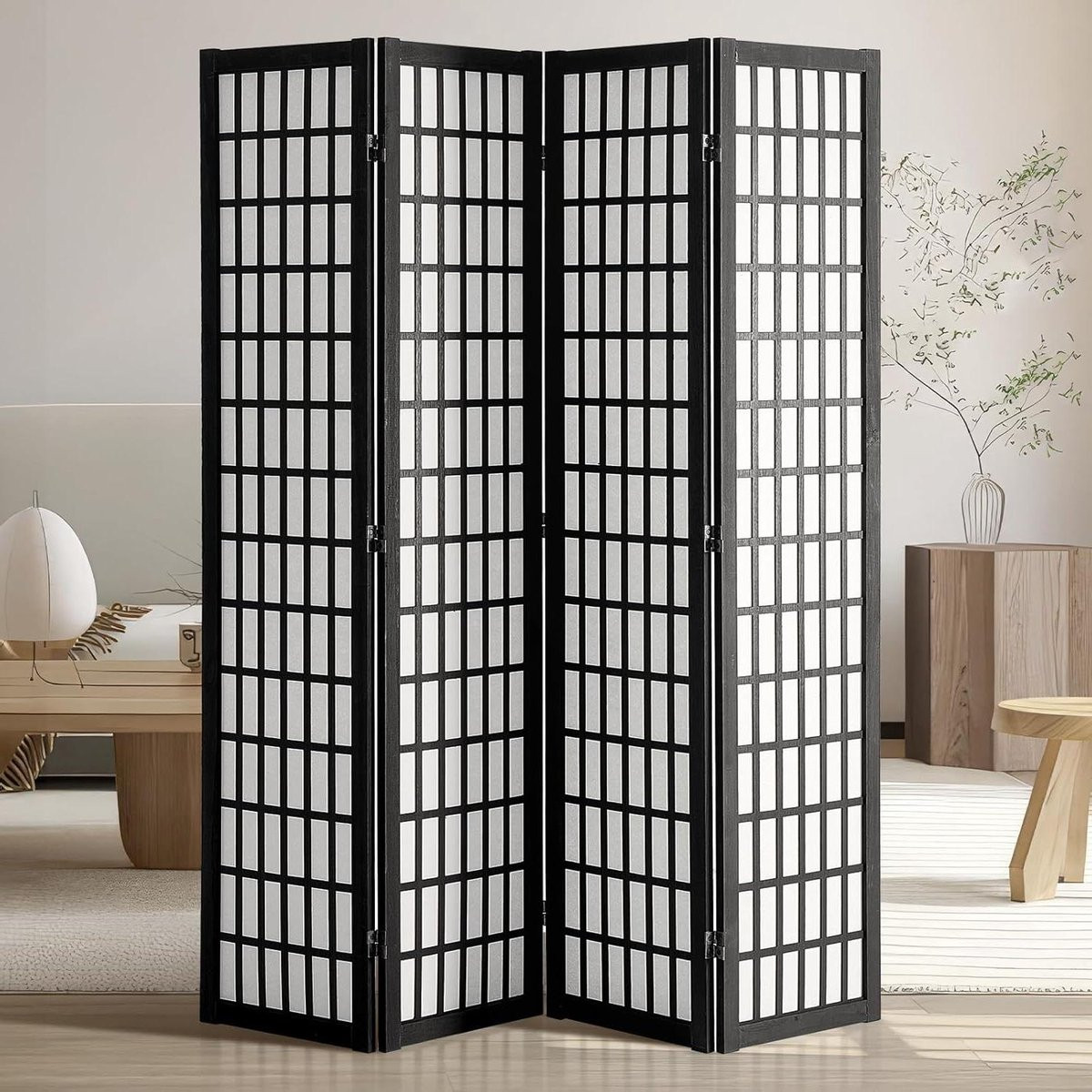 Zwart houten kamerscherm met 4 panelen in Japans design voor privacy