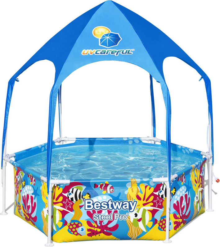 Bestway Steel Pro Frame Pool mit Sonnenschutzdach "Splash-in-Shade" ohne Pumpe Ø 183 x 51 cm, buntes Unterwasser-Design, rund