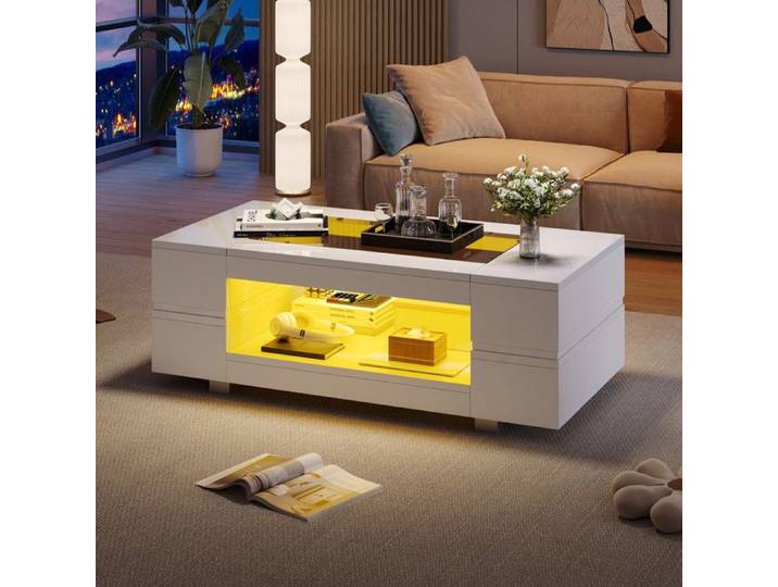Table Basse LED Blanche avec Contrôle par Application Bluetooth Table de Salon Haute Brillance Convient pour Le Salon 100x50x35