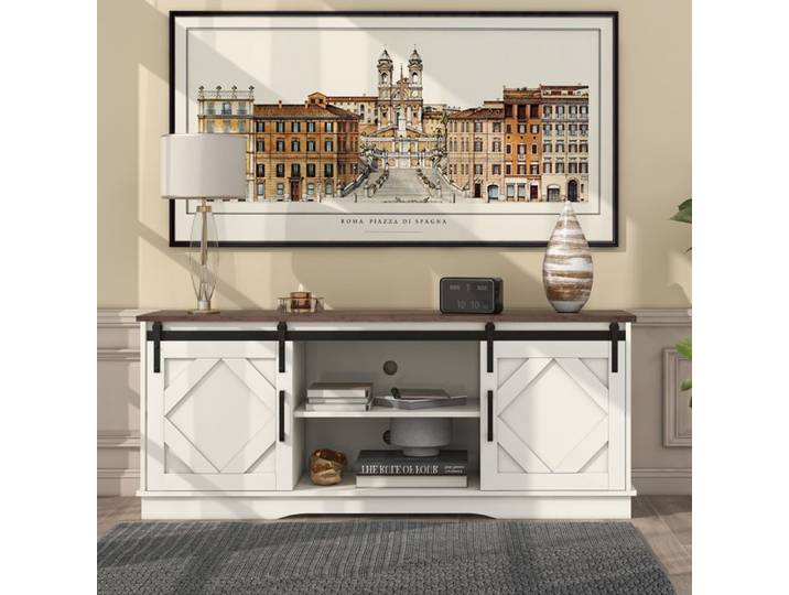 Meuble TV - KOMHTOM - Style grange (portes coulissantes) - Pour TV jusqu'à 65  - 150x40x60 cm - 2 étagères réglables