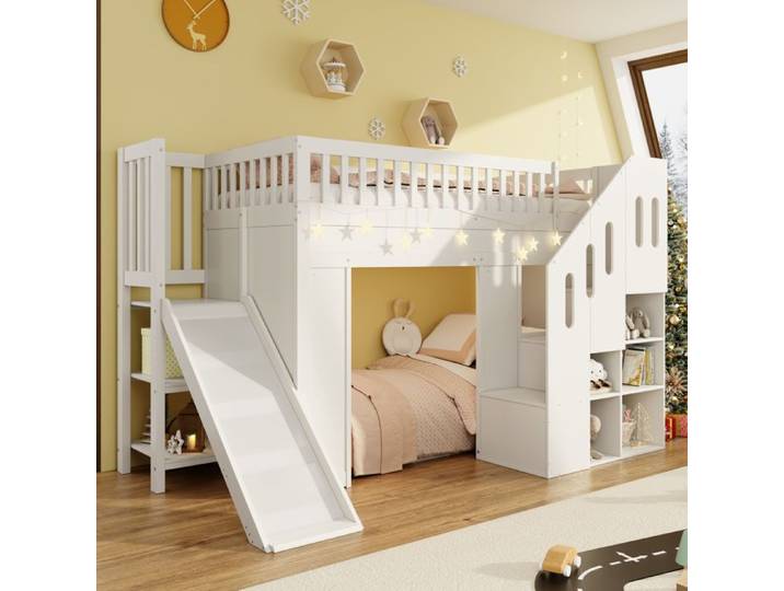 Lit surélevé enfant 90x200 cm avec toboggan et marchepieds de rangement EVRYAE