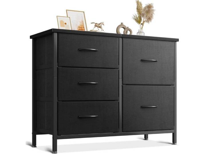 Petite Commode Chambre 5 Tiroirs En Tissu 2 Grands + 3 Petits Tiroirs Cadre Acier Plateau Bois Noir