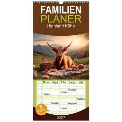 Familienplaner 2027 - Highland Kühe mit 5 Spalten (Wandkalender, 21 x 45 cm) CALVENDO