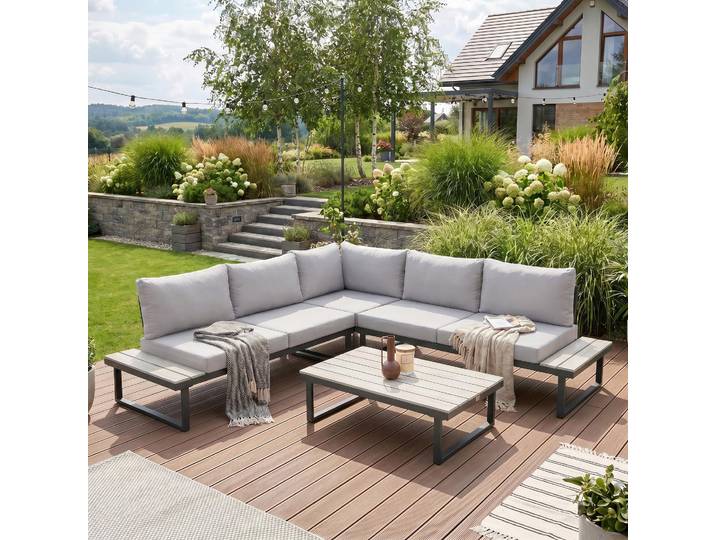 BEAUTYSOFA MADISON Gartenlounge Ecksofa Hellgrau – Gartenmöbel Set, Ecklounge, Outdoor Sofa, Loungegruppe mit Couchtisch, 5 Sitzplätze