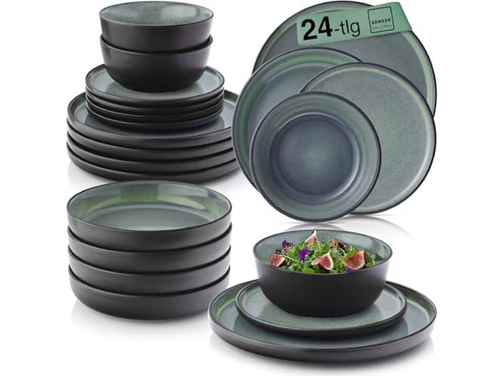 SÄNGER Malmö Tafelservice 24 teilig, Steingut Geschirr Set 6 Personen 6x Teller Set 6x Frühstücksteller 6x Tiefe Teller 6x Pastaschalen Geschirrset und Schale dunkelgrün