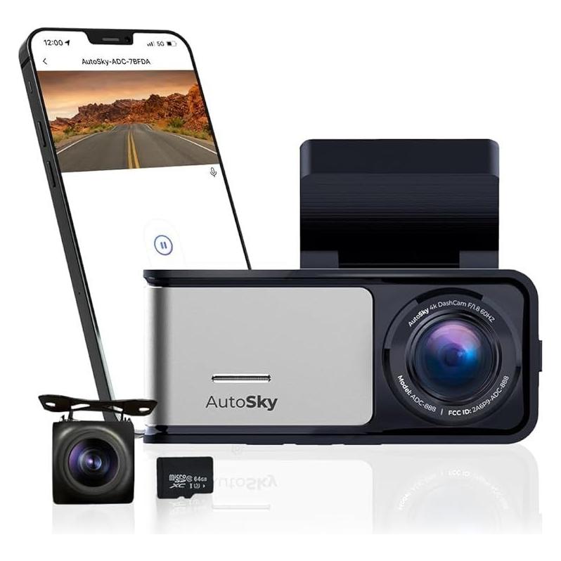 AutoSky 4K Dash Cam Pro Front 4K + Rear 1080P GPS ADC888 (GPS-Empfänger, Nachtsicht, WLAN, 4K) (ADC-888)
