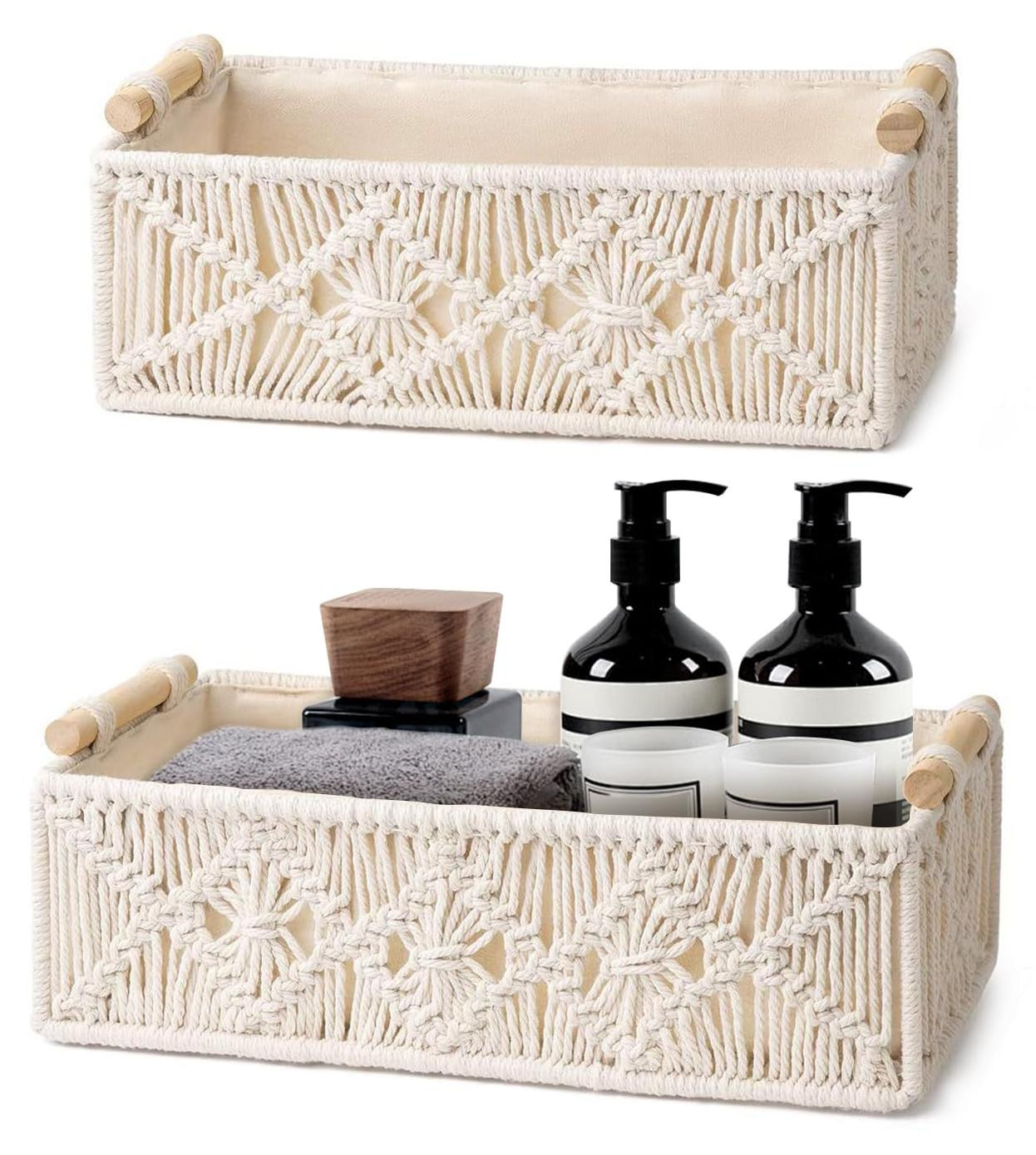 Dripio Set van 2 Macramé opbergmanden met handvatten, ivoor, open weave